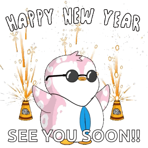a penguin wearing sunglasses and a tie is standing in front of fireworks and the words `` happy new year see you soon '' .