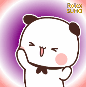 A blushing white panda character smiles and sticks out its tongue in front of a glowing purple backdrop.