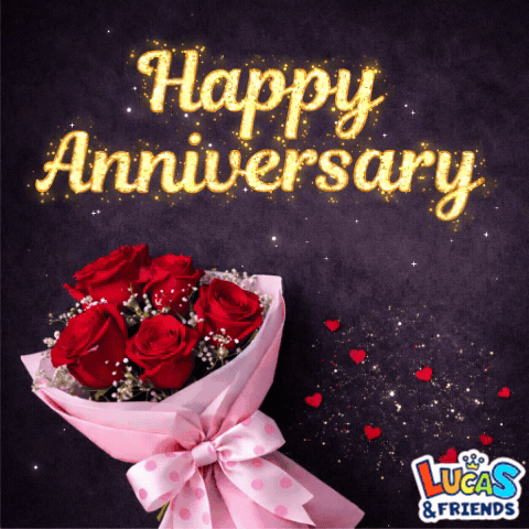 a bouquet of red roses with the words " happy anniversary " written above it