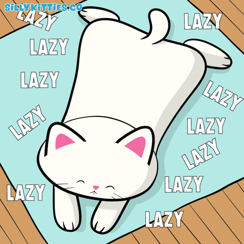 A white cartoon cat stretches with “LAZY” repeated around it.