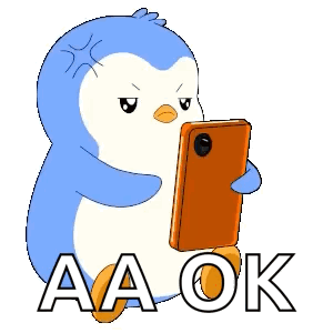 A blue cartoon penguin angrily holds a phone under “AA OK.”