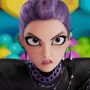 a close up of a cartoon character with purple hair making a funny face