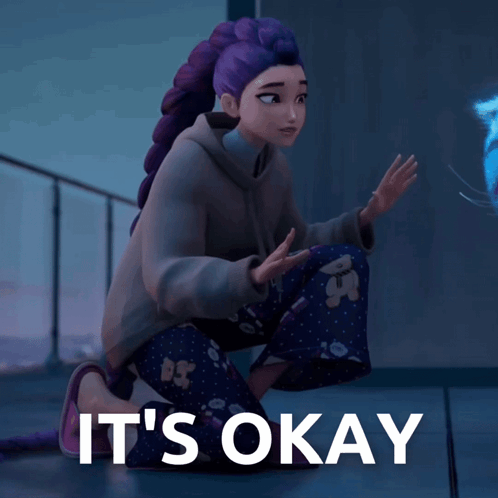 a girl with purple hair is kneeling down with the words " it 's okay " below her