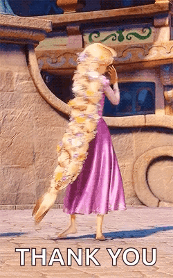 Rapunzel from Tangled twirls her long hair with “THANK YOU” text.