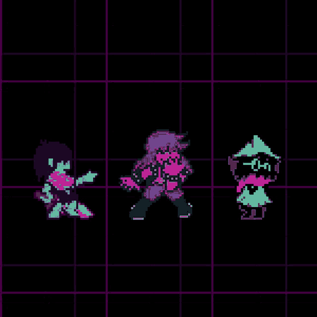 a group of pixel art characters standing next to each other on a black background .