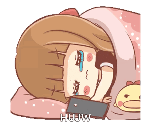 a cartoon of a girl laying in bed with a phone and hujw written on the bottom right