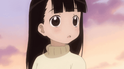 An anime girl in a cream turtleneck stares quietly against a sunset sky.