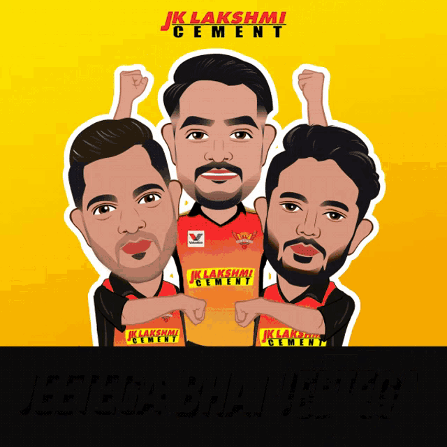 a cartoon of three men with jk lakshmi cement written on their shirts