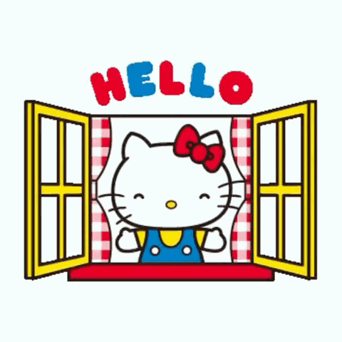 Hello Kitty opens yellow window shutters under colorful “HELLO” text.