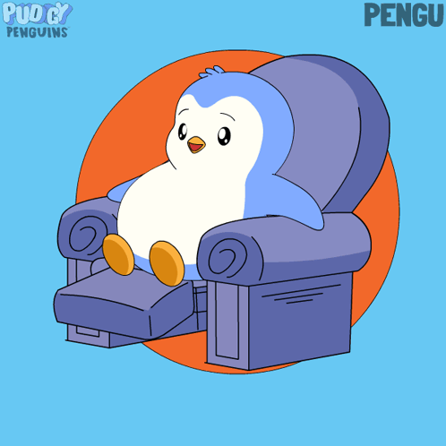 A blue penguin relaxes in a recliner with its feet up.