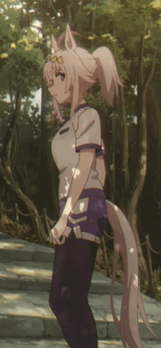 An anime horse-girl character stands outdoors in a forest setting.