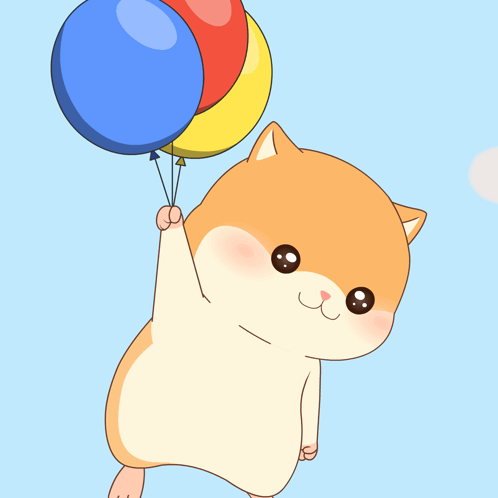 A hamster floats upward holding colorful balloons.