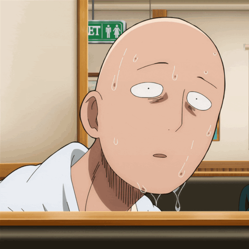 Saitama from One Punch Man sweats heavily with a blank, uneasy stare.
