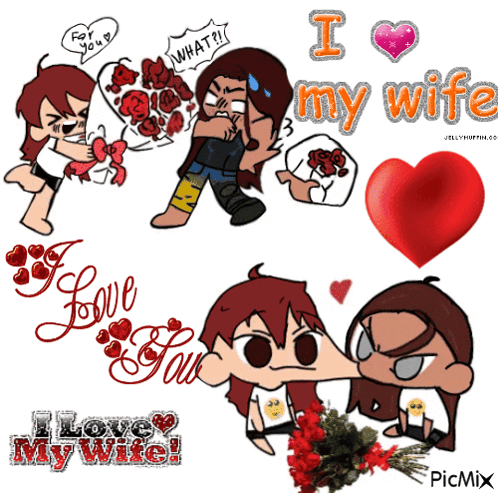 a cartoon of a man giving roses to a woman with the words i love my wife