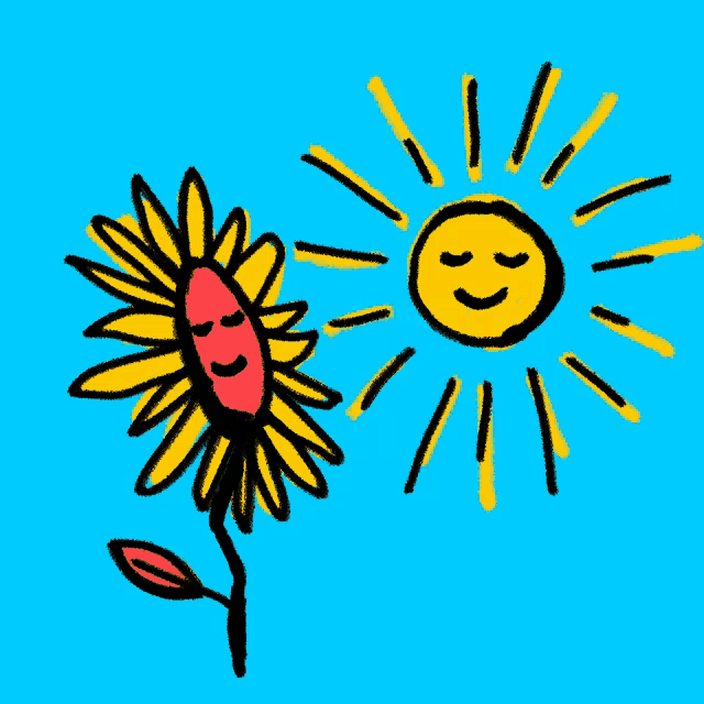 a drawing of a sun and a flower with their eyes closed on a blue background