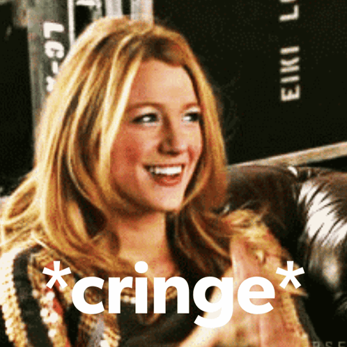a woman sitting on a couch with the word cringe on the bottom right