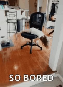 A person spins idly in an office chair, captioned “SO BORED.”