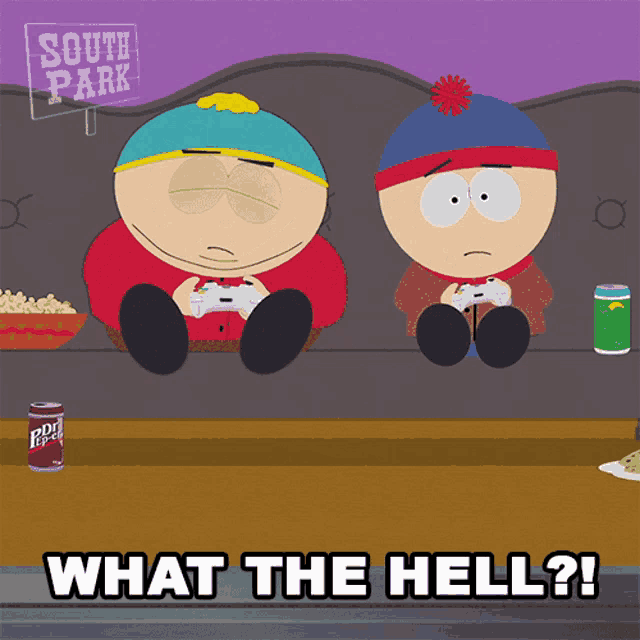 two south park characters playing a video game with the words what the hell written below them