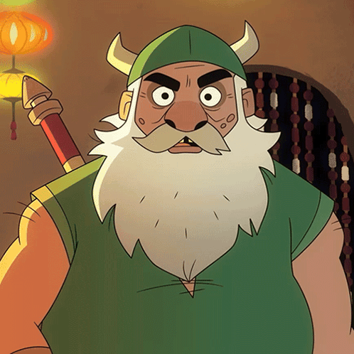 a cartoon character with a beard and horned hat