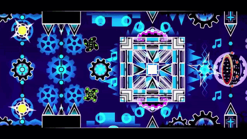 a video game with gears and triangles on a blue background