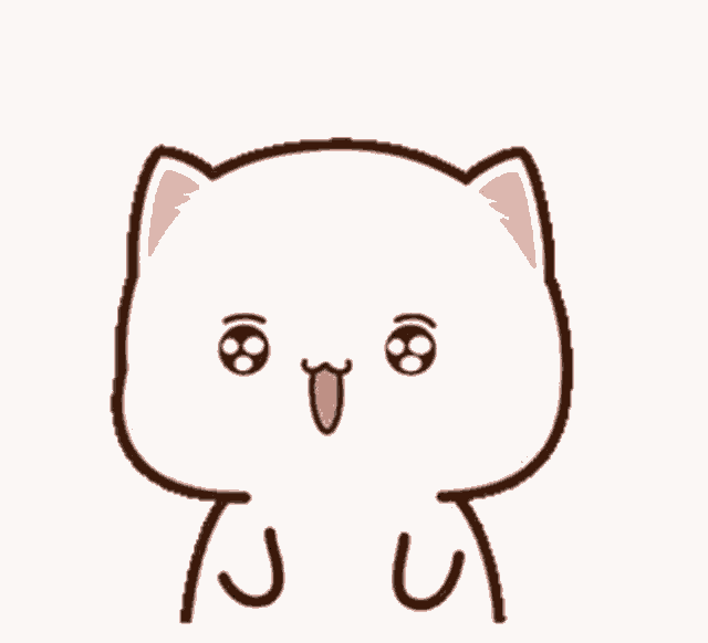 A white cartoon cat makes an eager, wide-eyed expression.