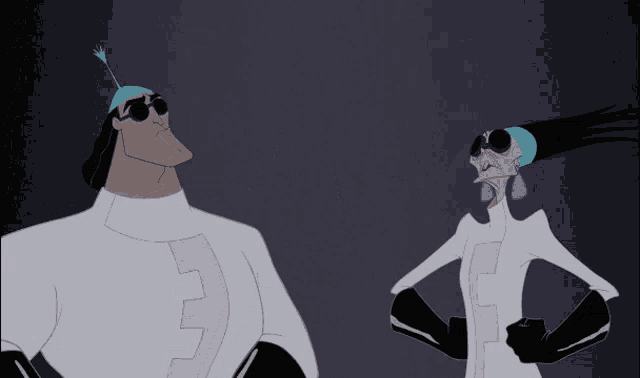 Kuzco and Yzma stand together with a raised-hand high-five gesture.