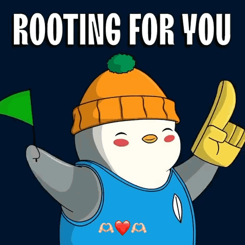 A bundled cartoon penguin gives a thumbs-up under “ROOTING FOR YOU.”
