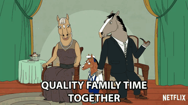 a cartoon of horses with the words quality family time together on the bottom