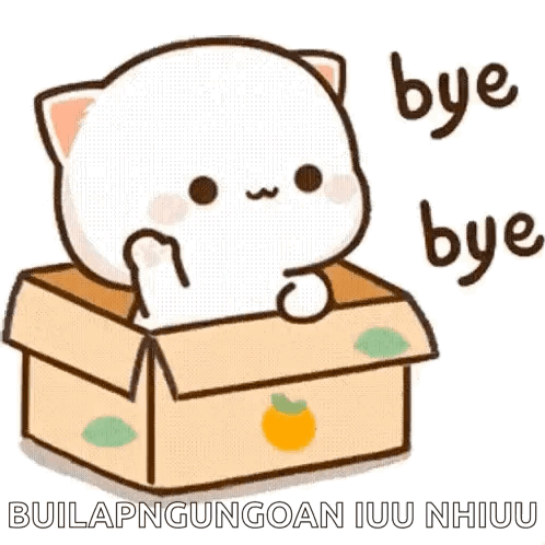 A white cartoon cat peeks from a cardboard box while “bye bye” appears beside it.