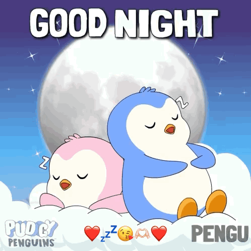 two penguins are sleeping on a cloud with the words good night pengu