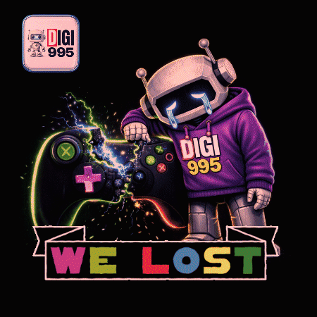 a robot wearing a digi 995 hoodie is holding an xbox controller