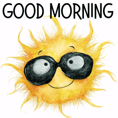 A fuzzy yellow sun character wearing sunglasses smiles under “GOOD MORNING.”