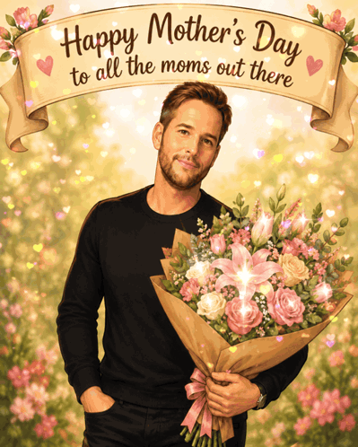 a man is holding a bouquet of flowers in front of a banner that says happy mother 's day