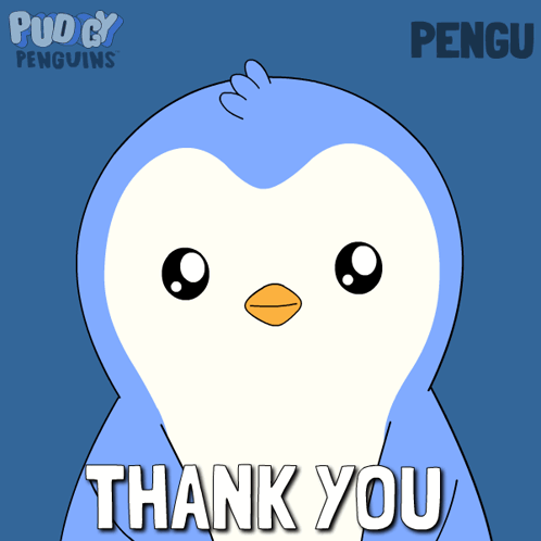 A blue penguin character says “THANK YOU.”