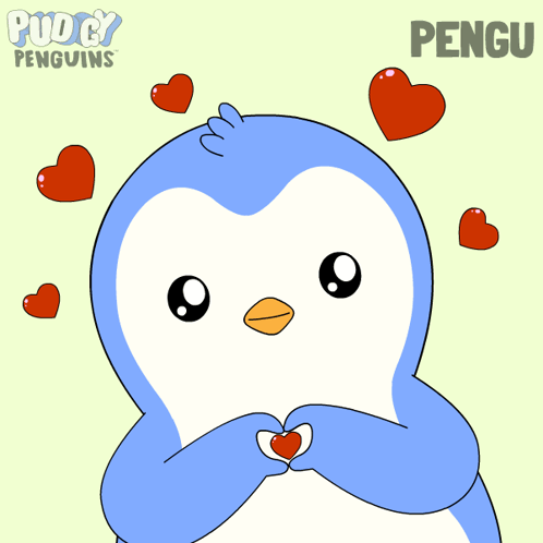 A blue penguin holds a red heart and smiles amid smaller hearts.