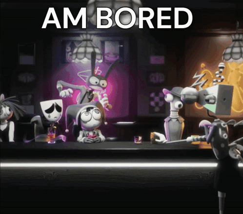 a group of cartoon characters sitting at a bar with the words " am bored " above them