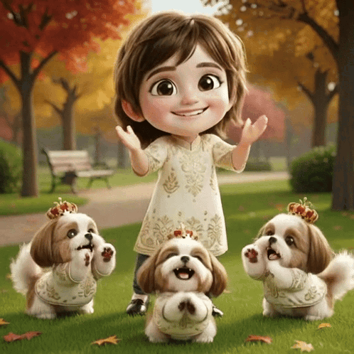 A cartoon girl in a garden holds up her hands while small dogs gather around her.