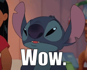 Stitch squints skeptically with a large “WOW.” caption.