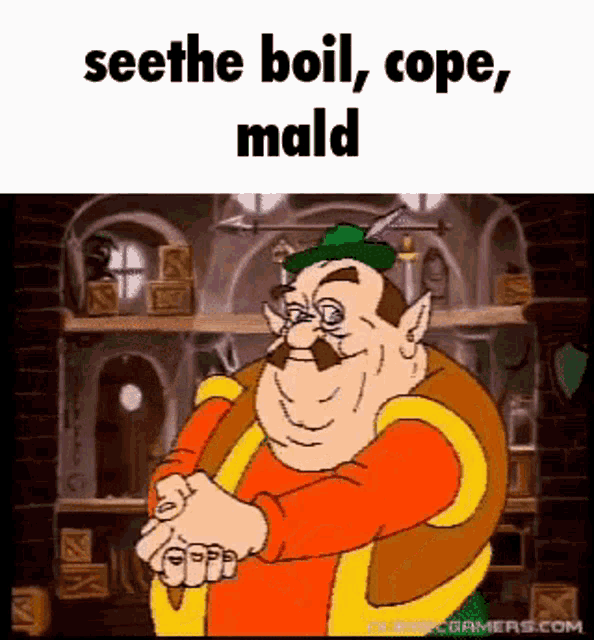 a cartoon character is standing in front of a brick building with the words `` seethe boil , cope , mald '' .