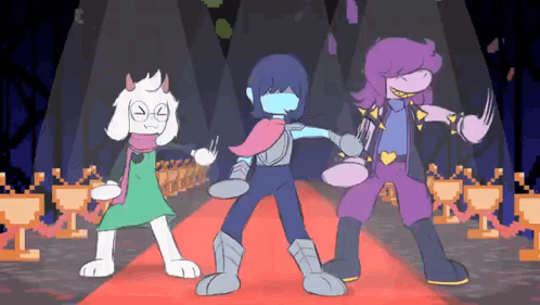 a group of cartoon characters are dancing on a red carpet .