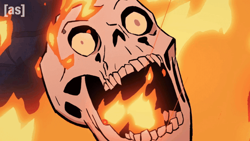 a cartoon drawing of a skull with flames coming out of it
