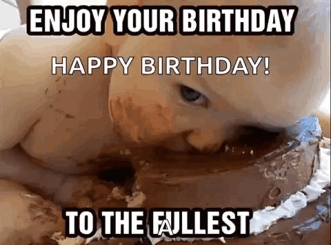 a baby is eating a chocolate birthday cake with the words `` enjoy your birthday happy birthday to the fullest '' written on it .