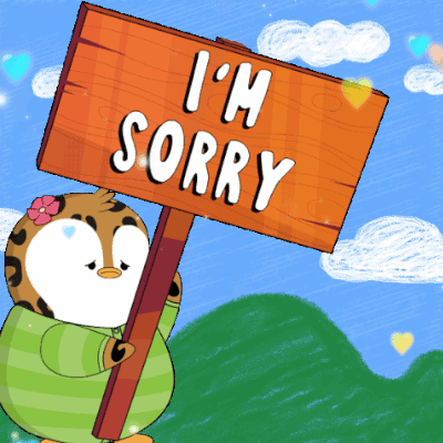 a cartoon penguin is holding up a sign that says i 'm sorry