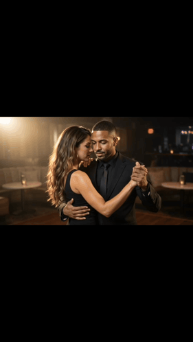 a man and a woman are dancing together and looking into each other 's eyes