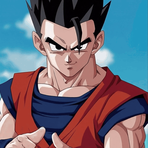 Future Gohan from Dragon Ball Z looks forward seriously.