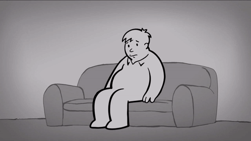 a cartoon of a cat sitting on a couch with a picture of a cat on the floor