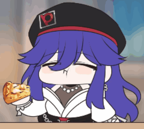 a girl with long blue hair is eating a pizza
