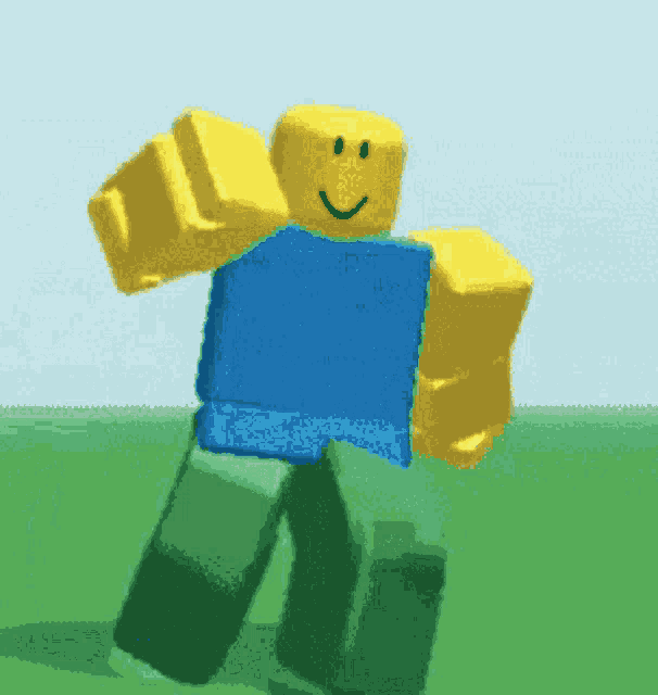 a roblox character with a blue shirt and yellow arms is dancing