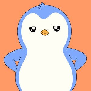 A blue penguin stands confidently with hands on hips against an orange background.