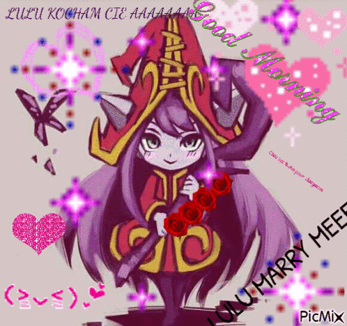 Lulu is surrounded by hearts and sparkles in a pink “good morning” graphic.